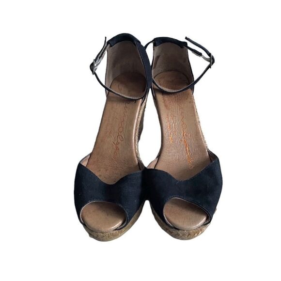 GAIMO Suede Peep Toe Wedge Espadrilles Sandals Shoes Black Tan 38 - Picture 8 of 13